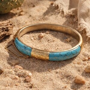 Vintage Faux Turquoise Hinged Bangle Bracelet Gold Tone Mid Century Size 6.5